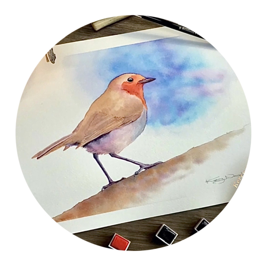 Robin in watercolour by artist Kerry Newell