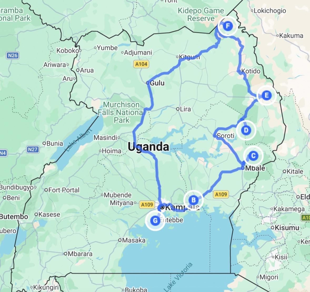 Map of the route for the Uganda: Eastern Circuit (c. 12 nights) Map of the route for the Uganda: Eastern Circuit (c. 12 nights)