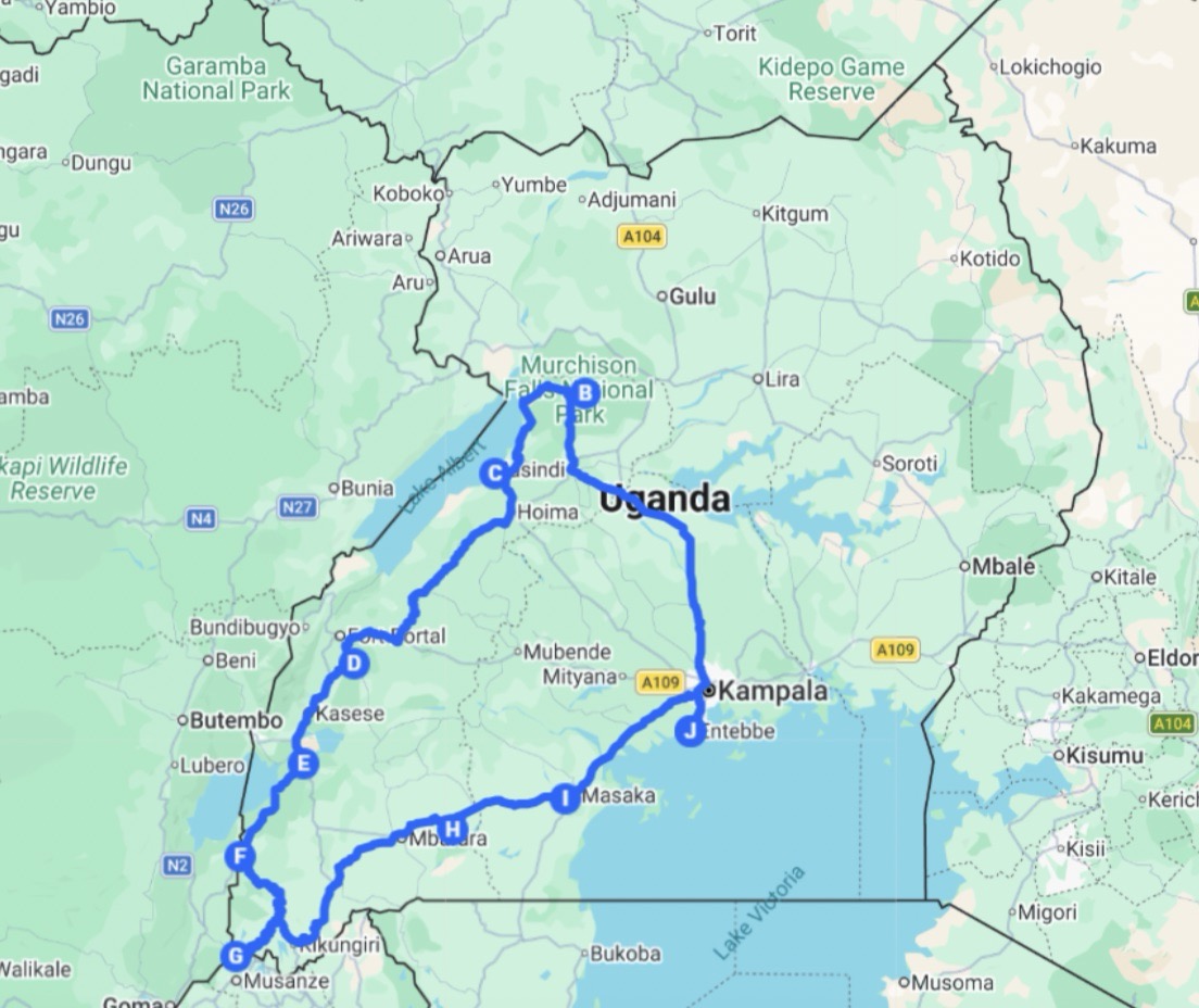 Uganda: Classic Western Safari Circuit (c.15 nights) route Map of the route for the Uganda: Classic Western Safari Circuit (c.15 nights)