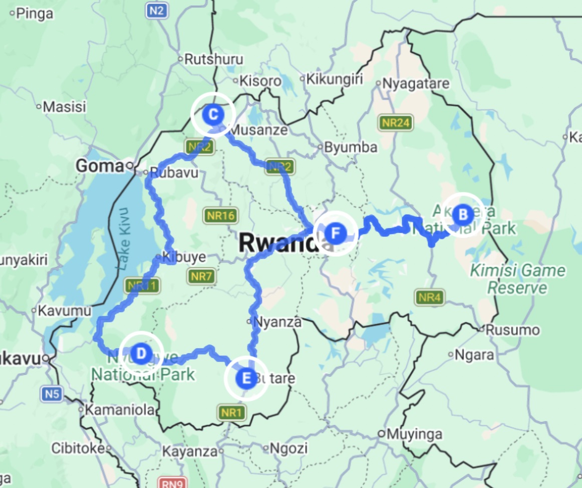 Map of the route for Rwanda: Classic Tour (c. 12 nights) Map of the route for Rwanda: Classic Tour (c. 12 nights)