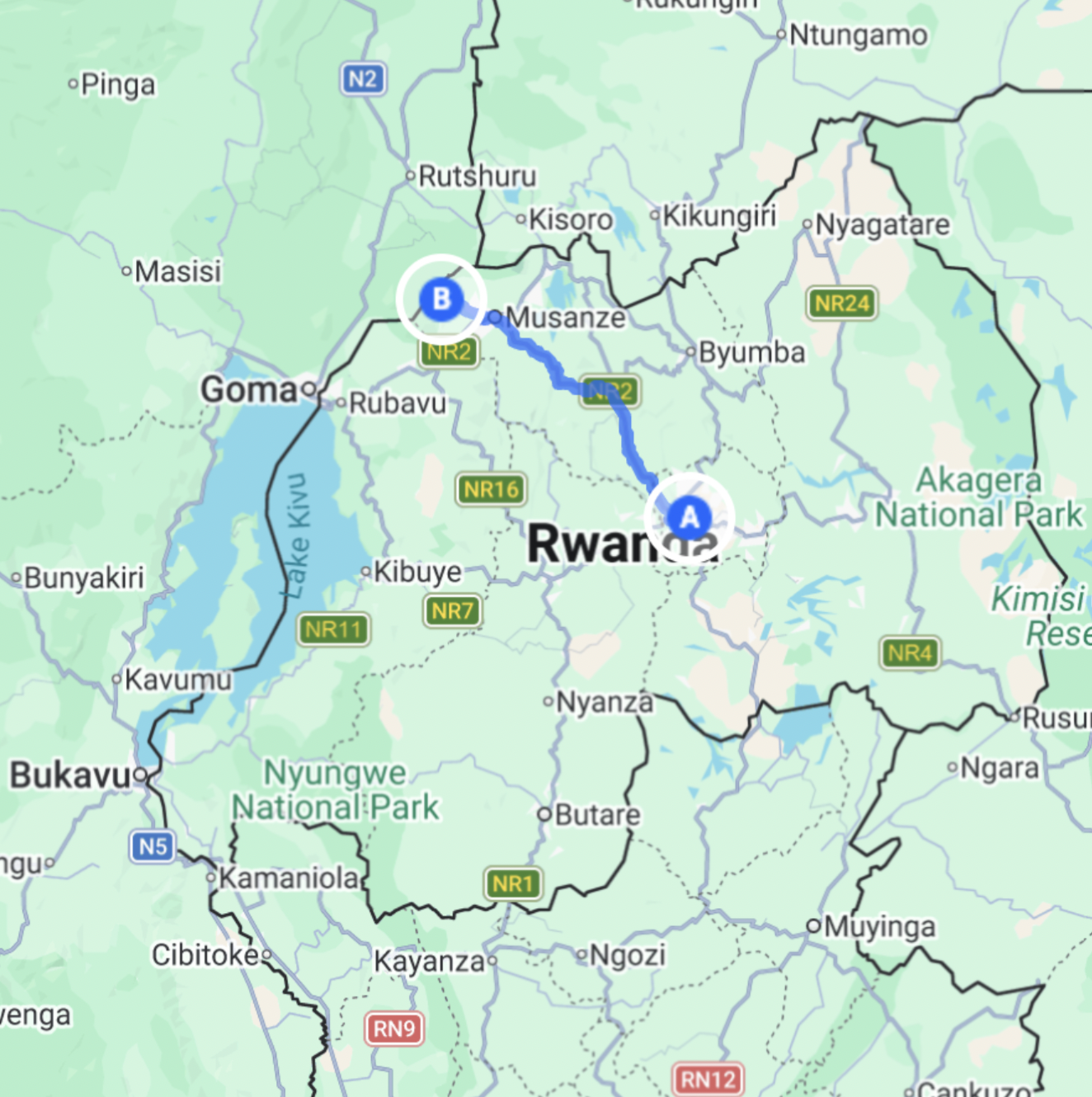 Map of extension for Gorilla Tracking Extension to Rwanda (c. 3-4 nights)