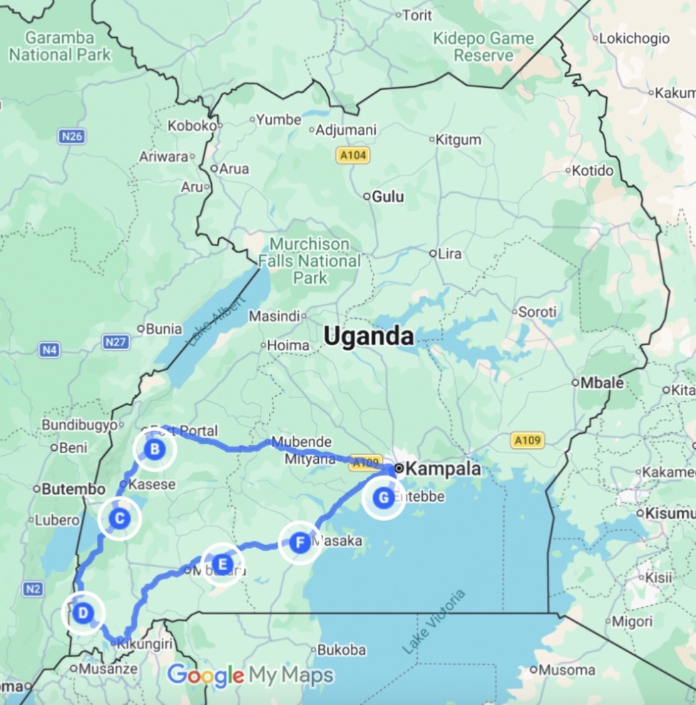 Map of the route for Uganda: Short Western Circuit (c. 9 nights) Map of the route for Uganda: Short Western Circuit (c. 9 nights)
